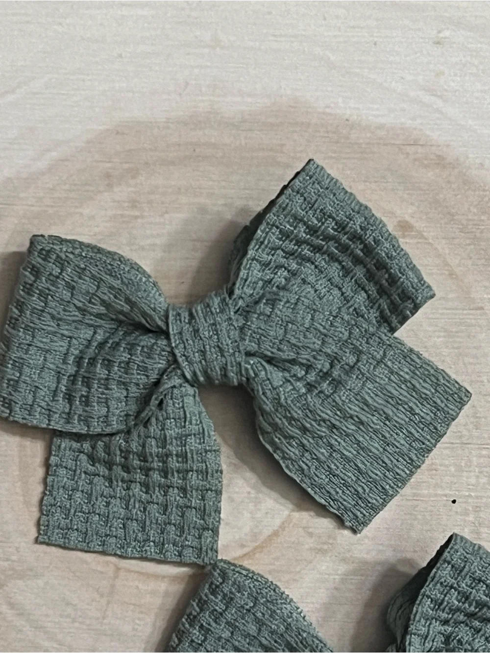 Handmade Sage Green Waffle Knit Hair Bow Clips Set of 2